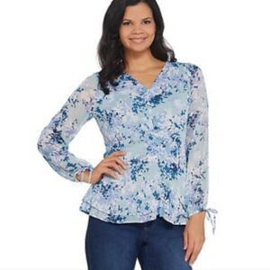 NWOT Kim Gravel Ruched V-Neck Blouse with Tie Sleeve | Size XS